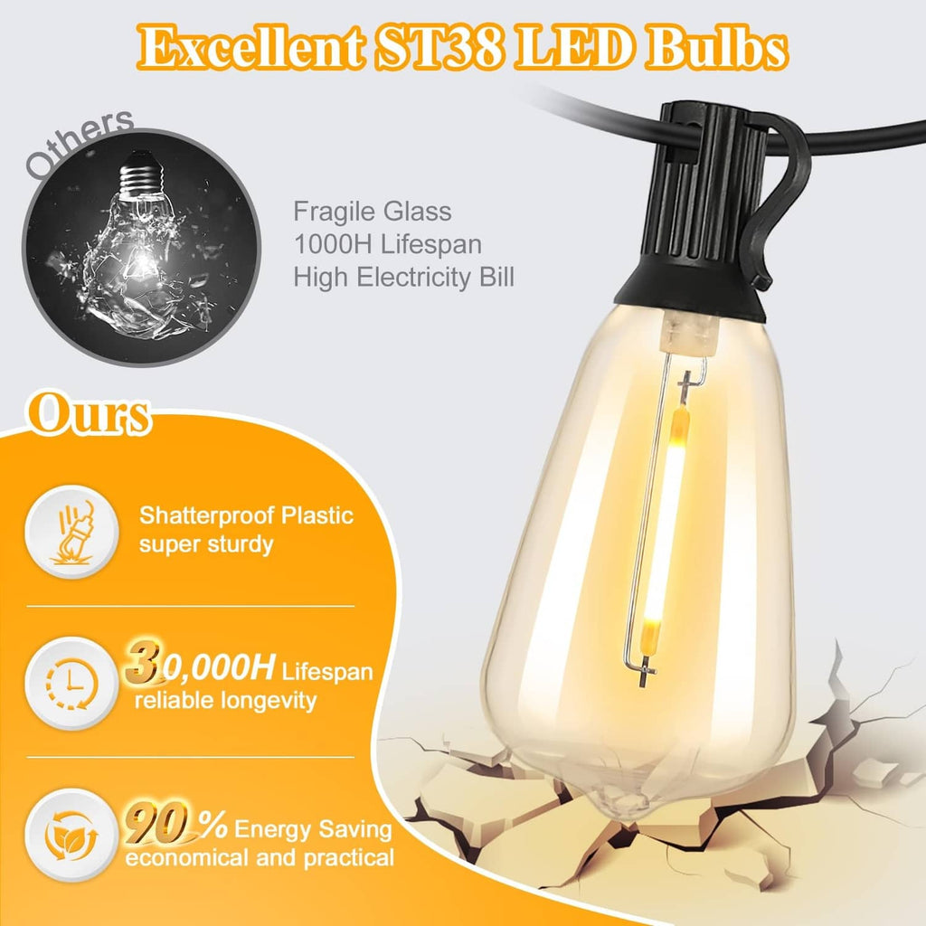 Outdoor string lights, black wire with warm amber Edison-style glass bulbs