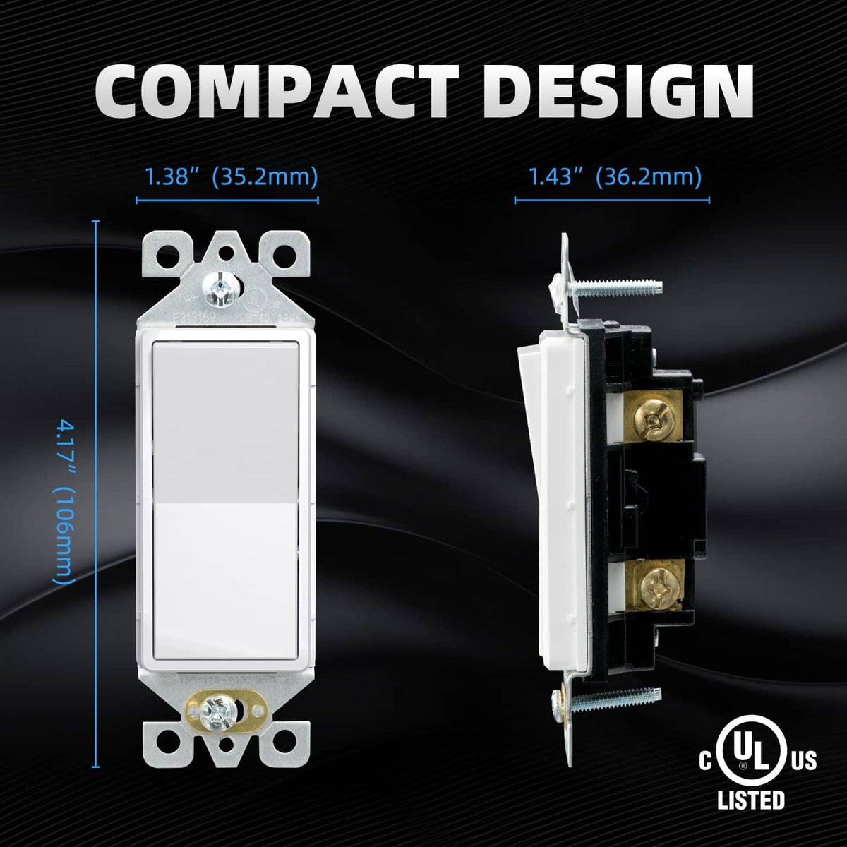 Glossy white compact single-pole light switch with mounting ears and wiring contacts