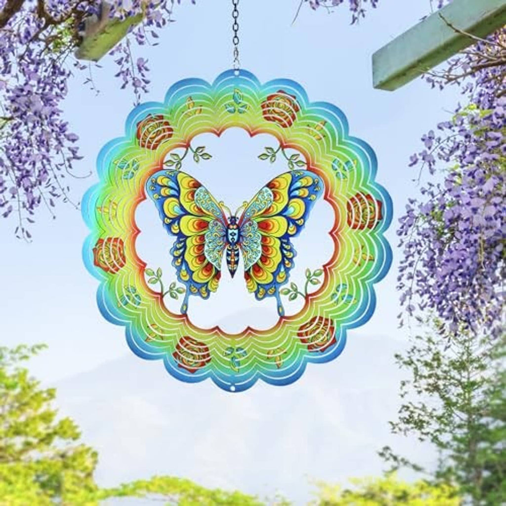 Large multicolor butterfly wind spinner suspended from a chain with 3D stainless rings