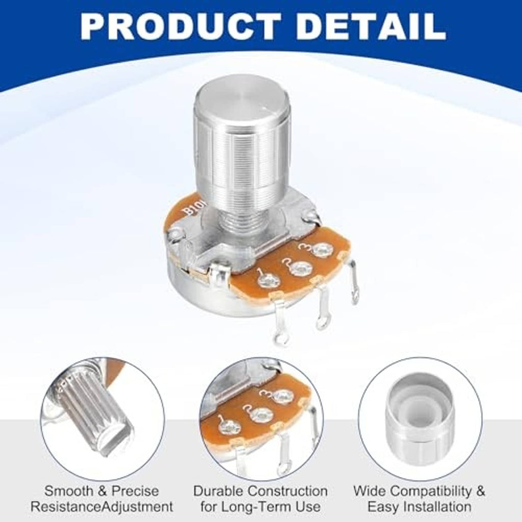 Rotary potentiometer detail: metal cylindrical knob, clear shaft, and orange PCB on pins