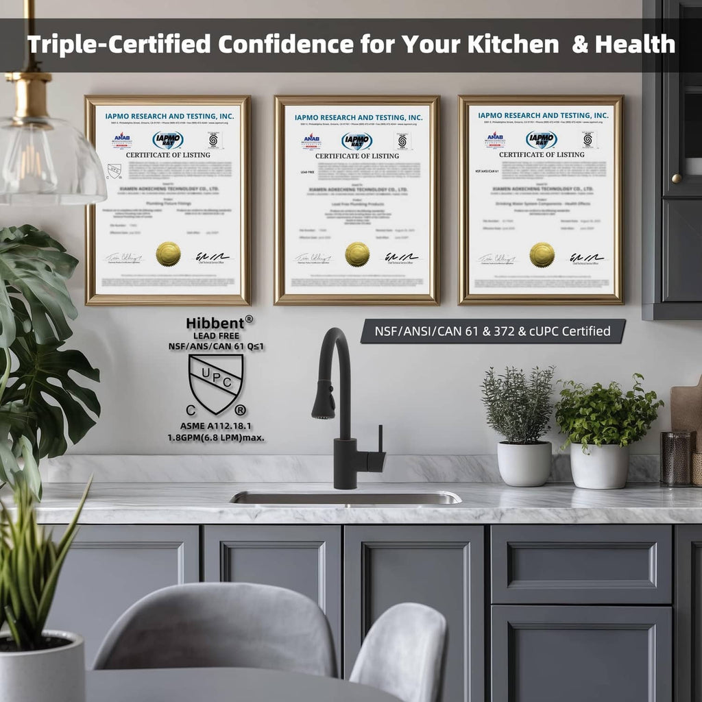 Black pull-down kitchen faucet with arched spout and handheld sprayer over sink