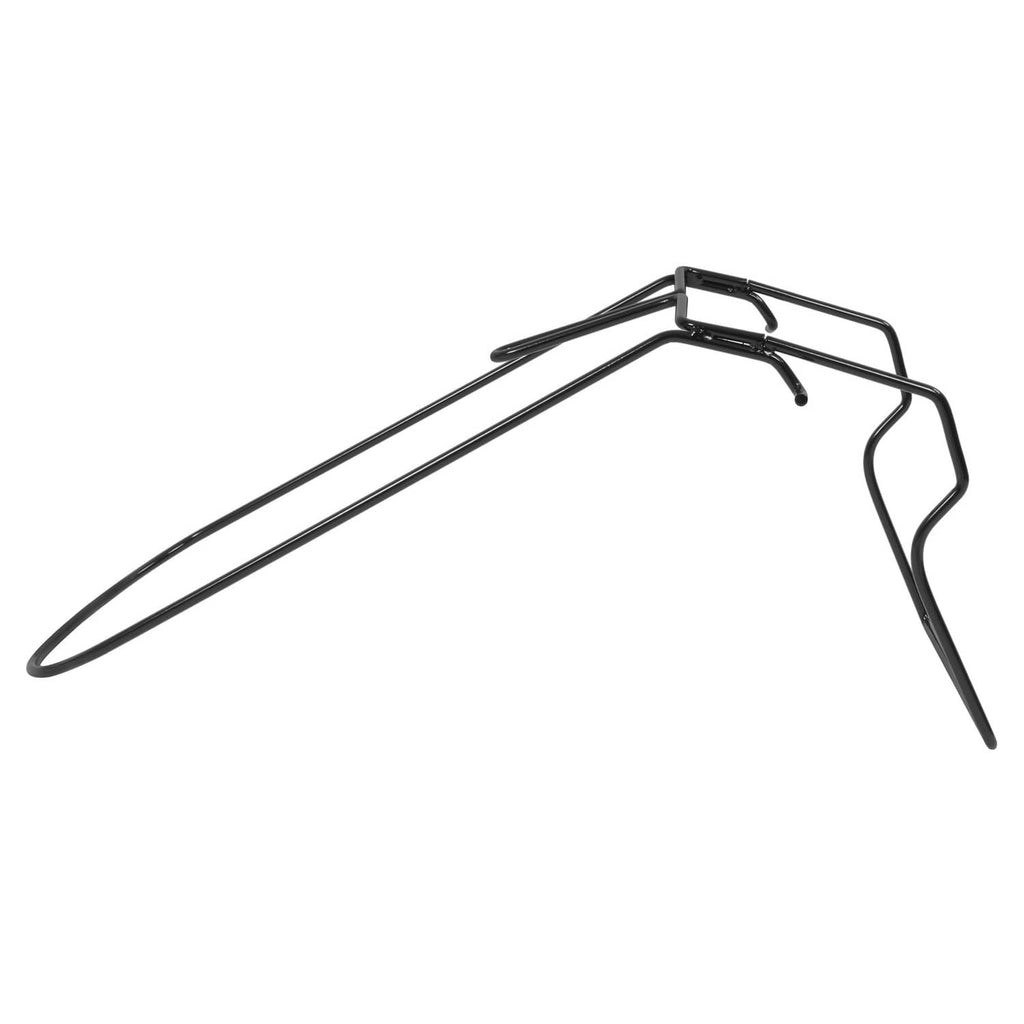 Black mower grass bag frame with front support feet and angular top guard