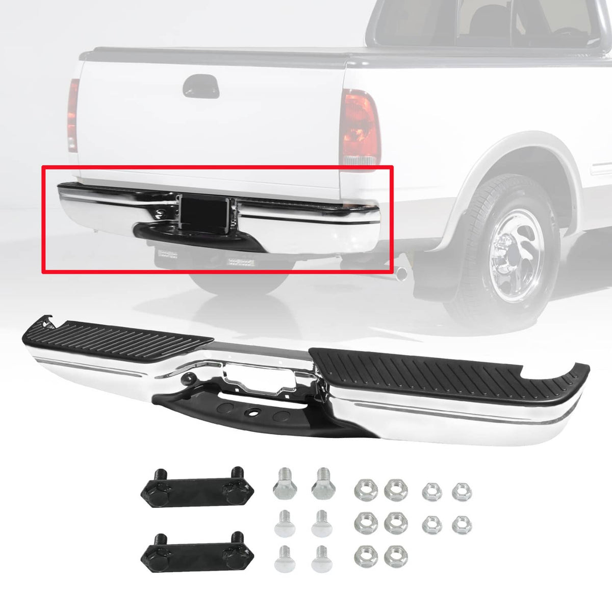 Rear step bumper assembly with chrome finish and black textured step pad