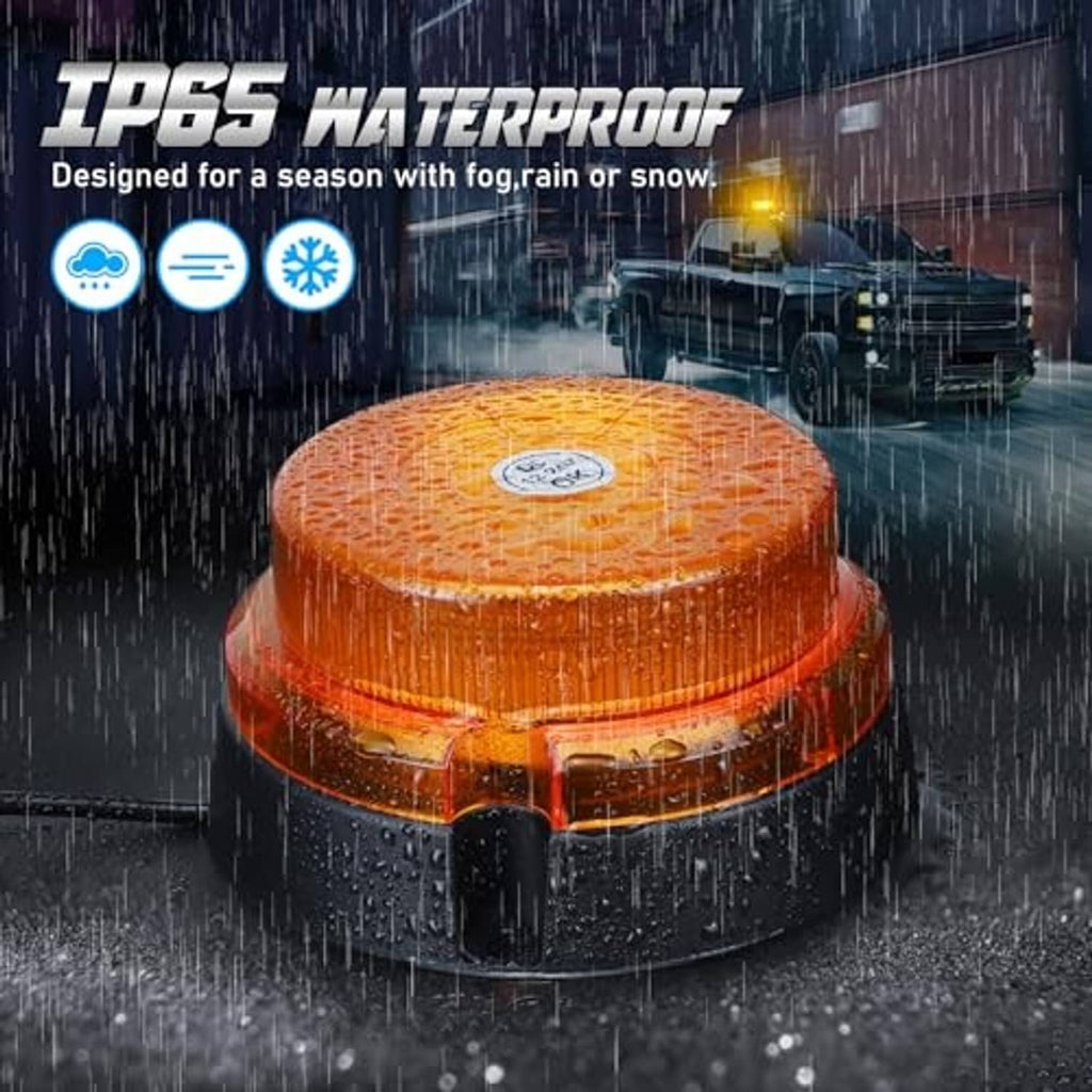 Amber LED beacon strobe with black base, shown with water droplets