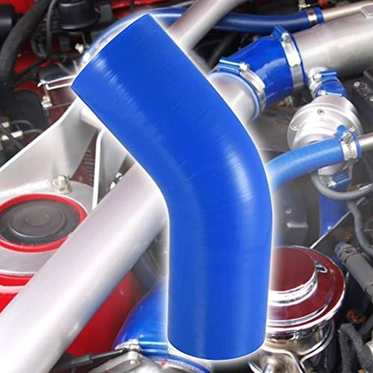 Blue 45-degree silicone hose elbow coupler, 70mm ID shown installed