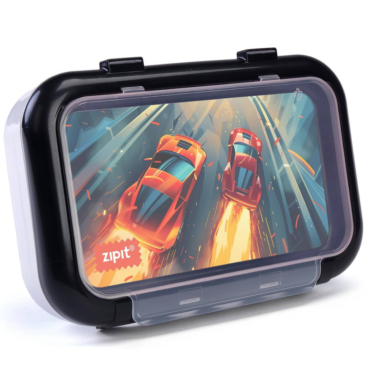 Black 2-compartment pencil box with clear lid, multicolor car print front.
