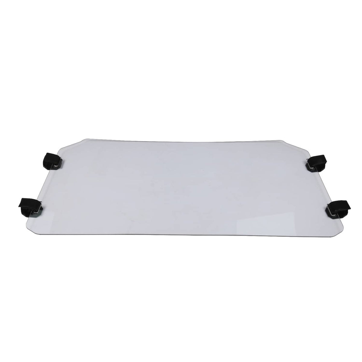 Clear flip front windshield panel with four black corner mounting brackets