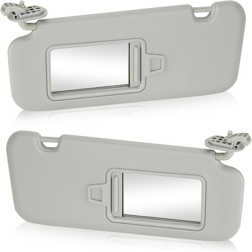 Gray sun visor set with rectangular vanity mirrors and top mounting clips