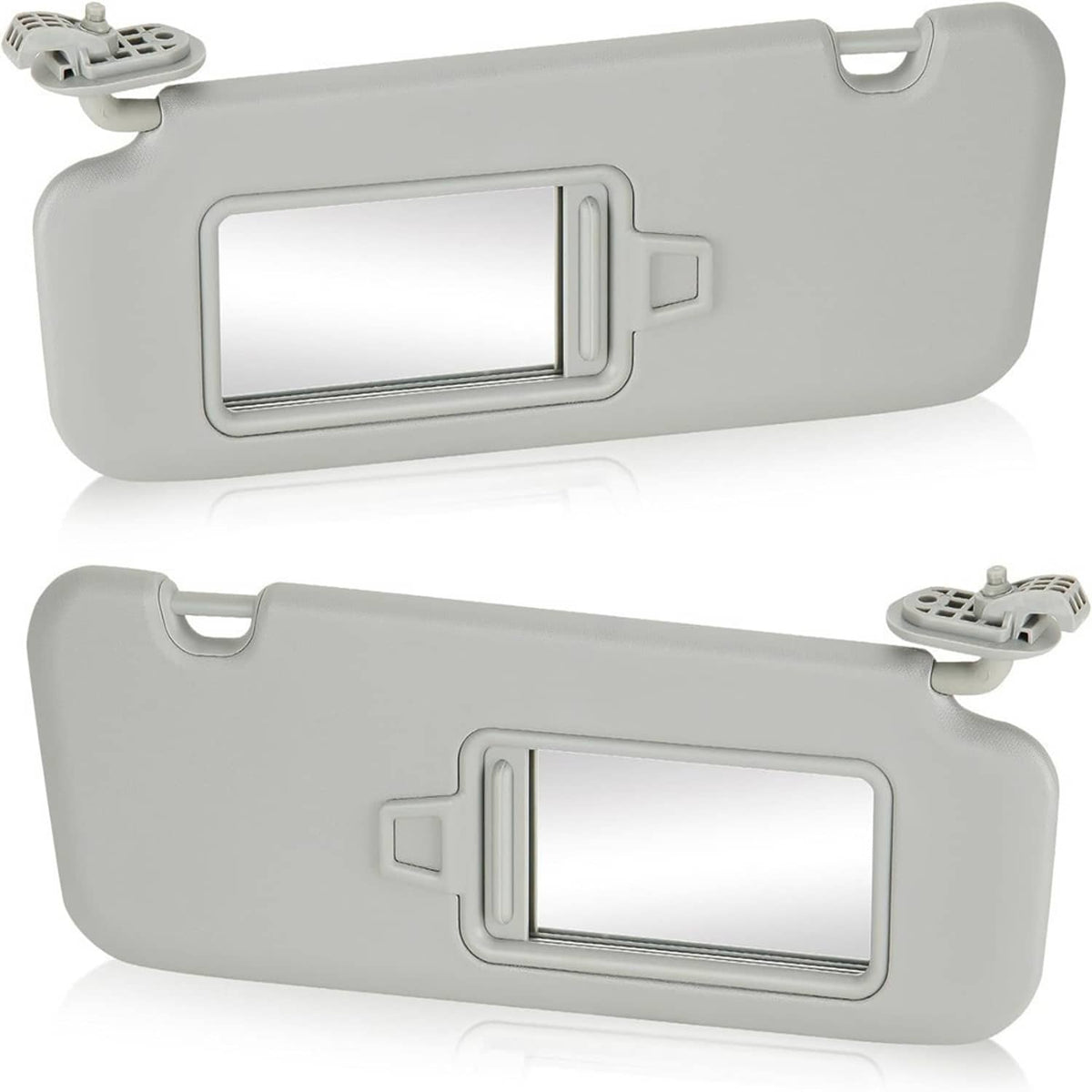 Gray sun visor set with rectangular vanity mirrors and top mounting clips
