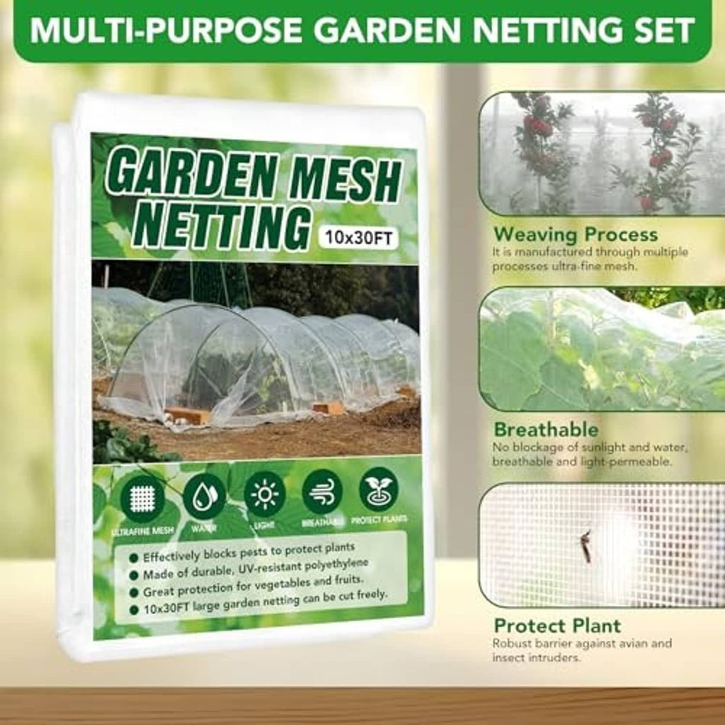 Garden mesh netting kit packaging with ultra-fine mesh for plant protection icons.
