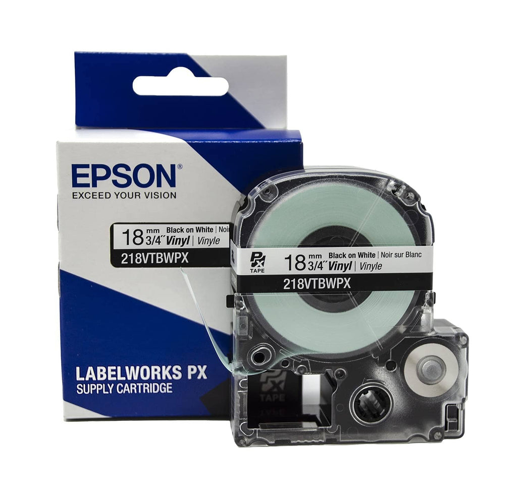 Label maker tape cartridge, 18mm black on white vinyl, teal tape roll in black housing