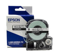 Label maker tape cartridge, 18mm black on white vinyl, teal tape roll in black housing