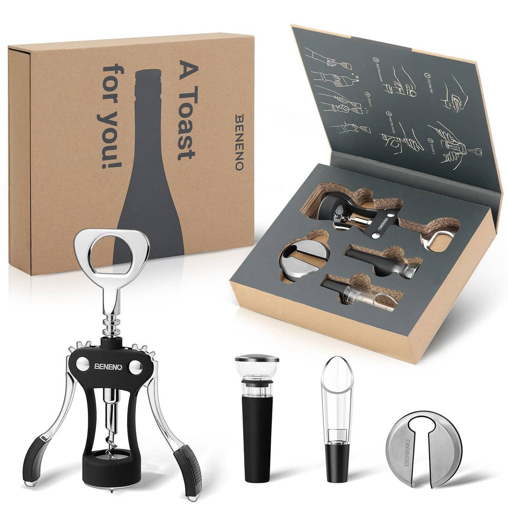 RivetOak Beneno Wine Bottle Opener Accessories Gift Set, Large, Elegant Black
