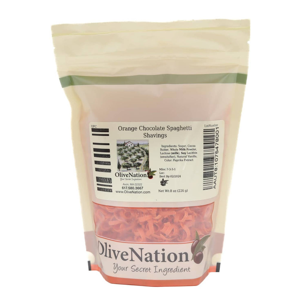 Bag of orange chocolate spaghetti shavings with OliveNation label