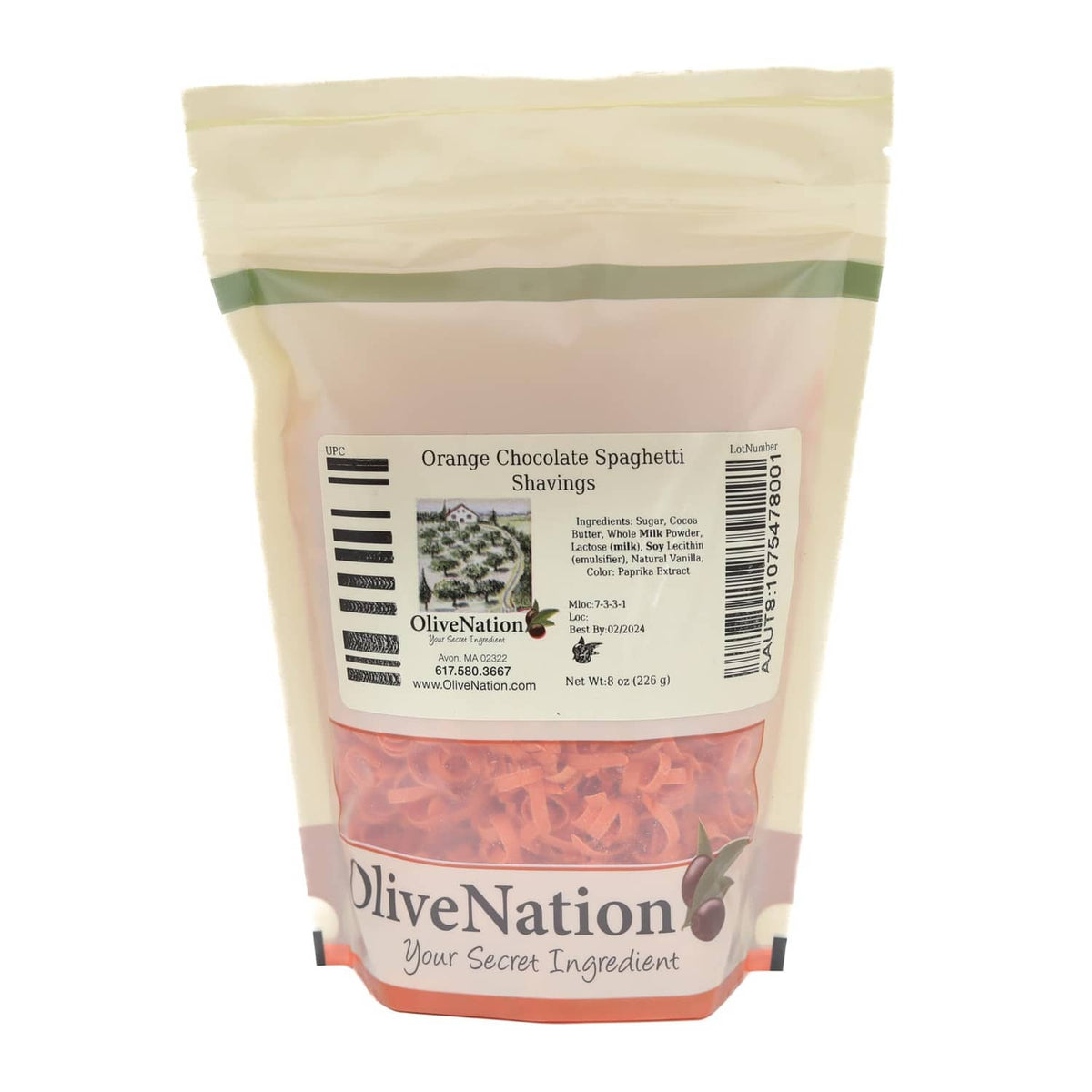 Bag of orange chocolate spaghetti shavings with OliveNation label