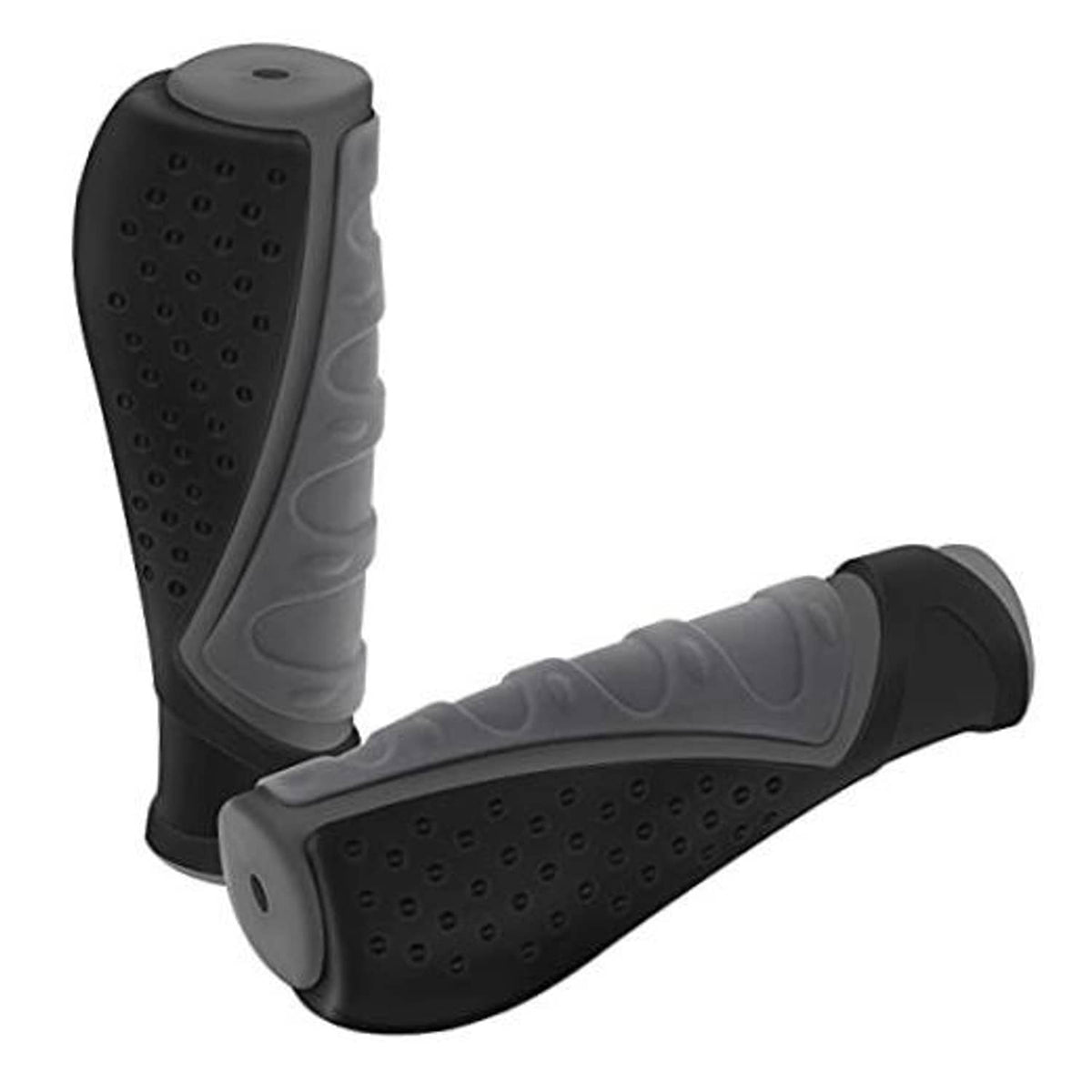 Black rubber bike handlebar grips with perforated texture, ribbed comfort pad, end cap