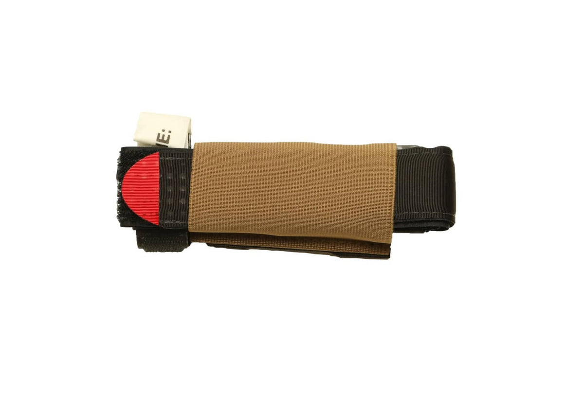 Coyote brown elastic tourniquet holder pouch with black strap and red emblem