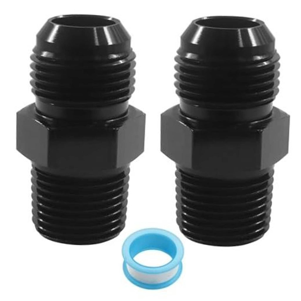 Black flare-to-1/2 in NPT pipe fitting adapter, hex body with threaded ends