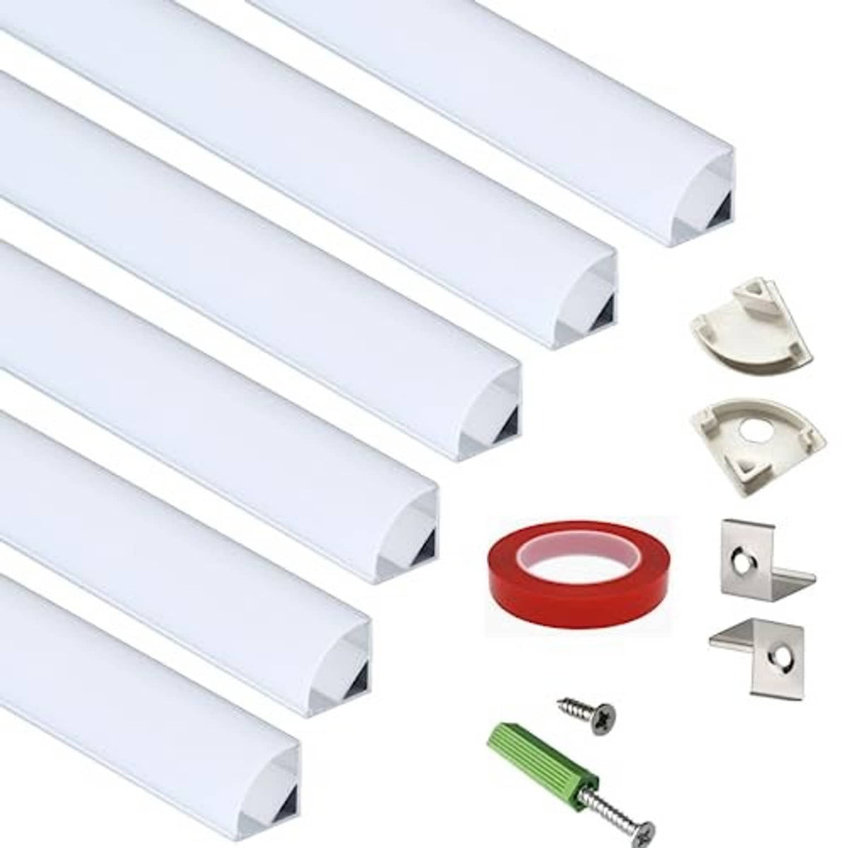 White V-shaped LED strip channel profiles with diffuser and end caps, 6-pack