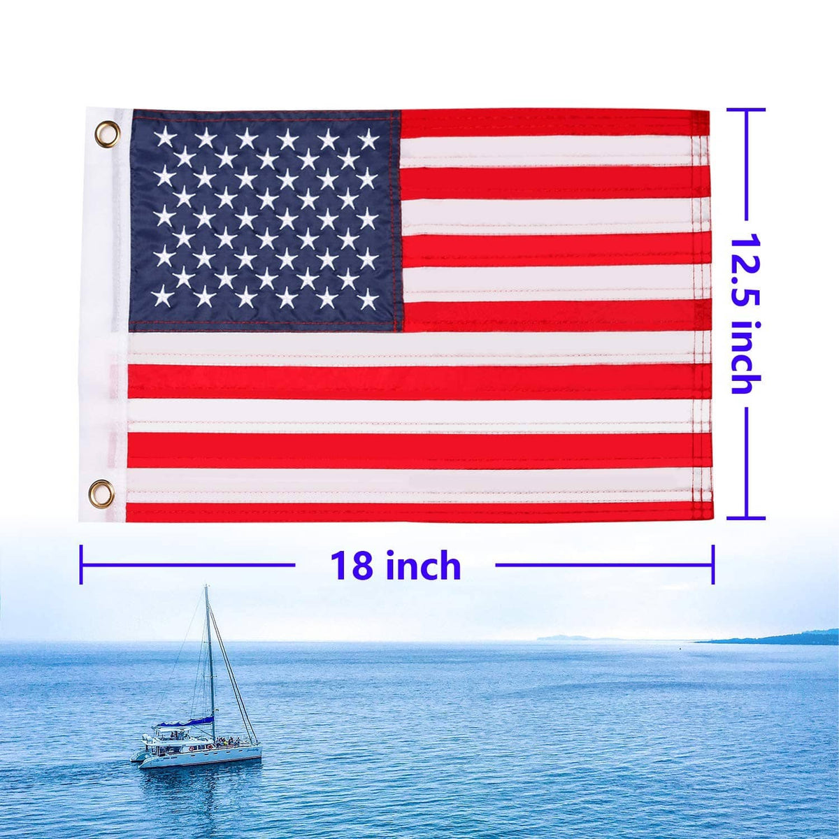 American boat flag, 12.5 x 18 inch, blue stars and red-white stripes with grommets