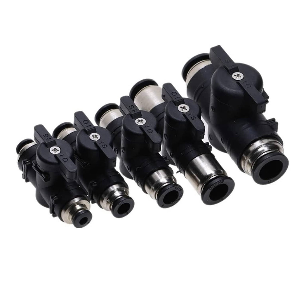 Set of pneumatic ball valves with push-to-tube ends, black housings and metal ports