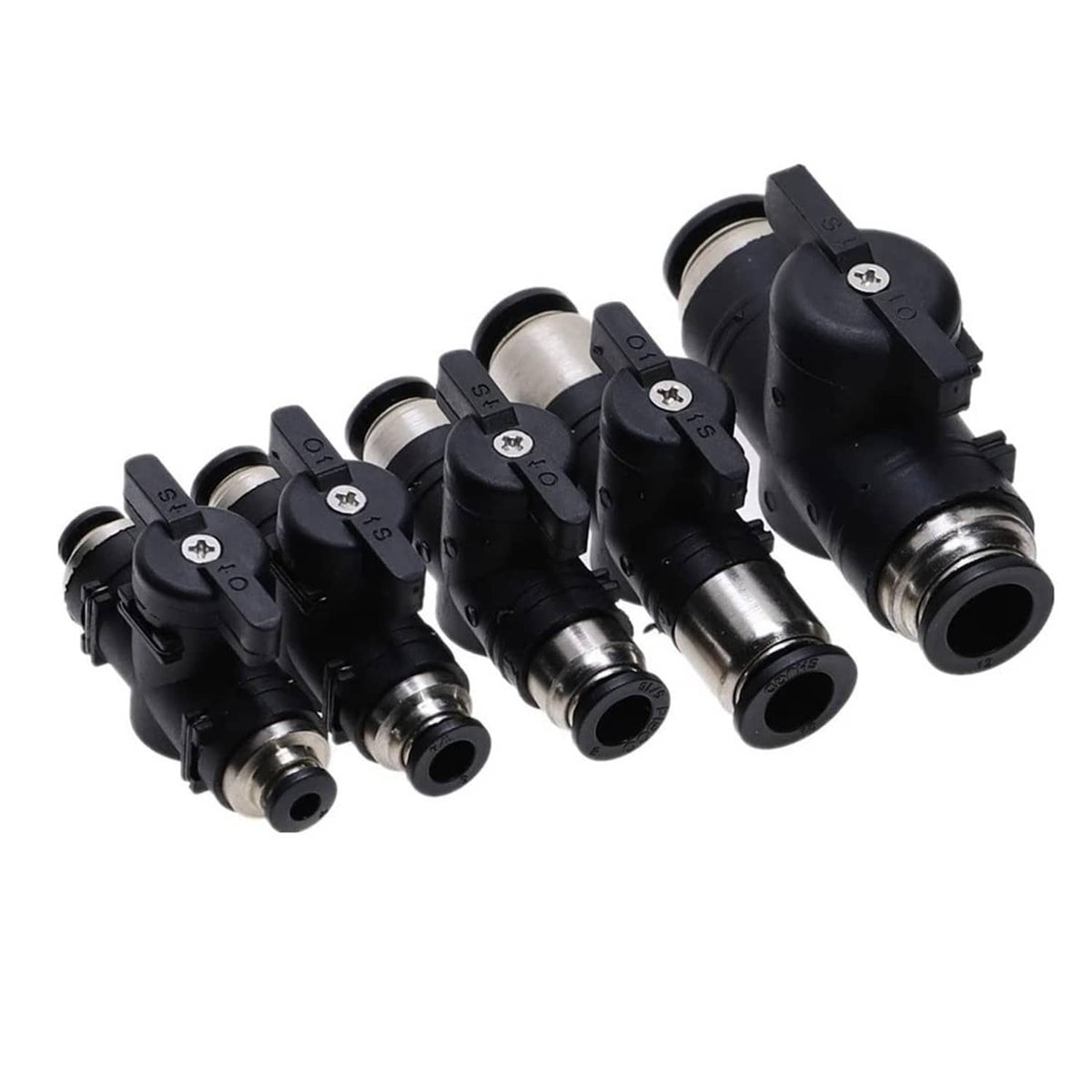 Set of pneumatic ball valves with push-to-tube ends, black housings and metal ports