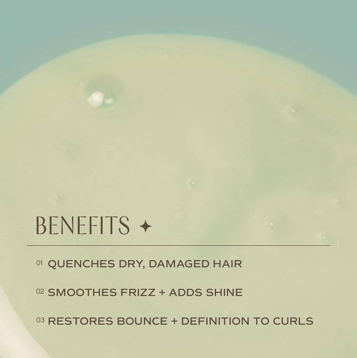 Hairbath benefits text: quenches dry hair, smooths frizz, restores bounce to curls