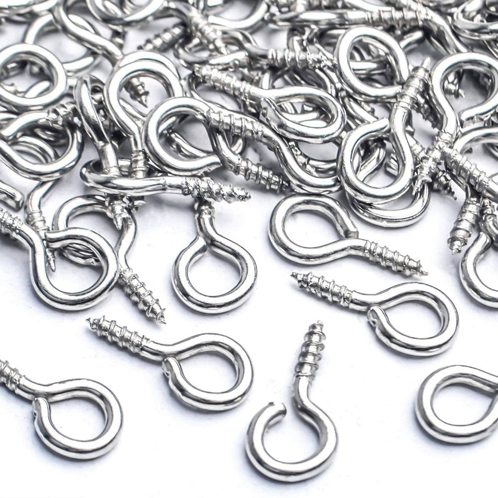 Close-up of silver-tone mini eye screw hooks with loop eyes and pointed threaded ends