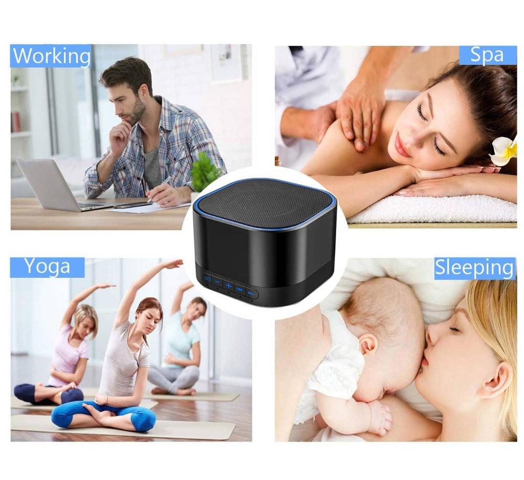 Sound machine with lifestyle use icons, black cylinder with blue-lit speaker grille
