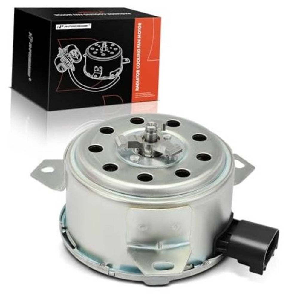 Radiator fan motor with silver metal housing, top shaft, and black electrical connector