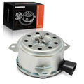 Radiator fan motor with silver metal housing, top shaft, and black electrical connector