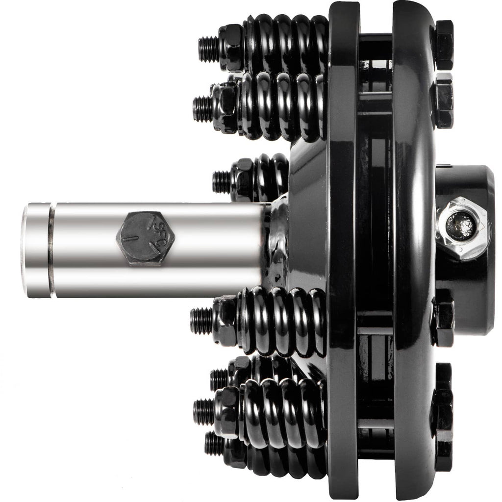 PTO slip clutch with black spring plate, silver inner shaft, and bolt-on housing