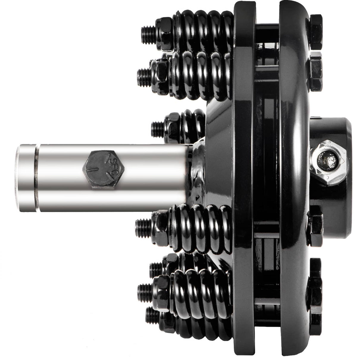 PTO slip clutch with black spring plate, silver inner shaft, and bolt-on housing