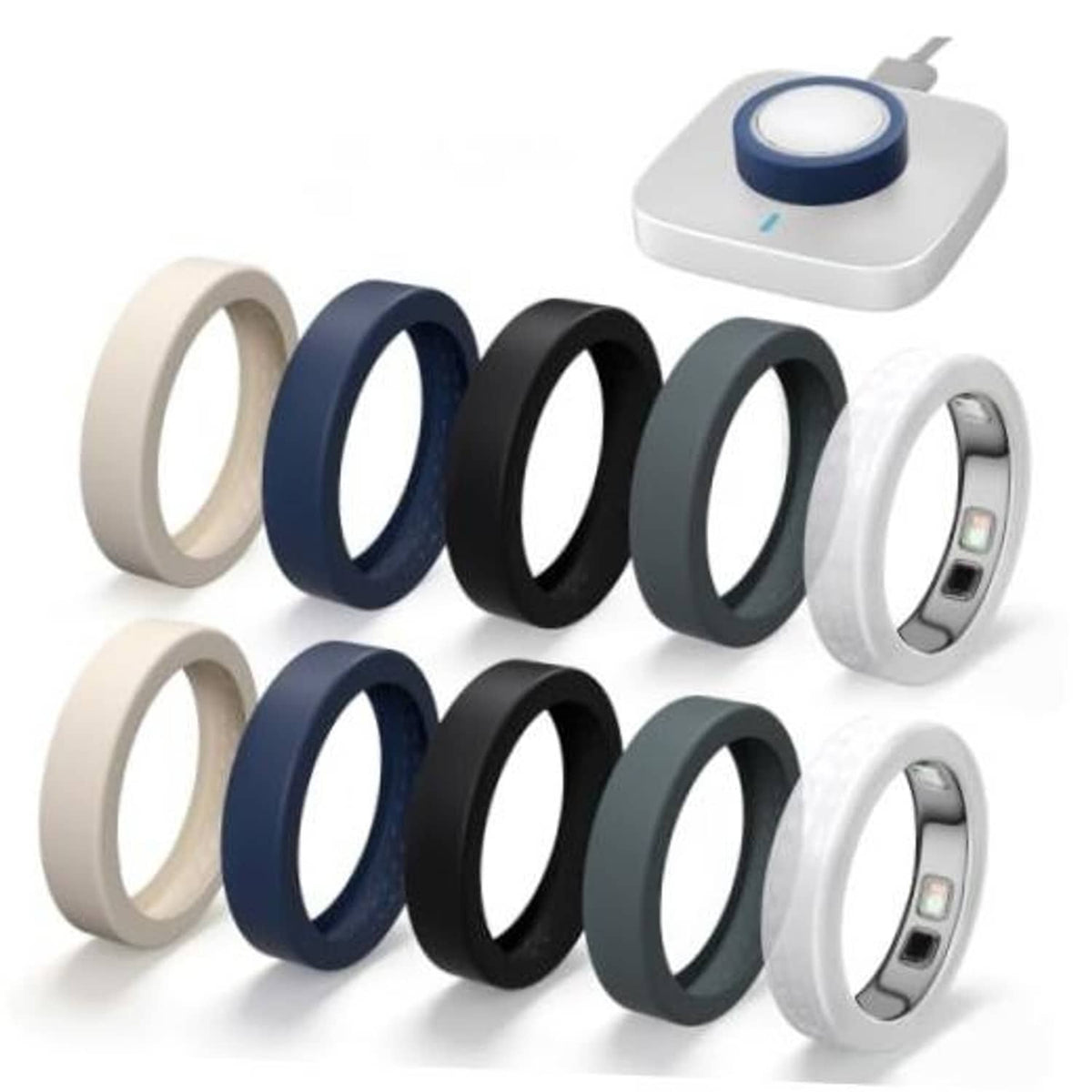 Set of 10 silicone ring covers in beige, navy, black, and dark gray colors