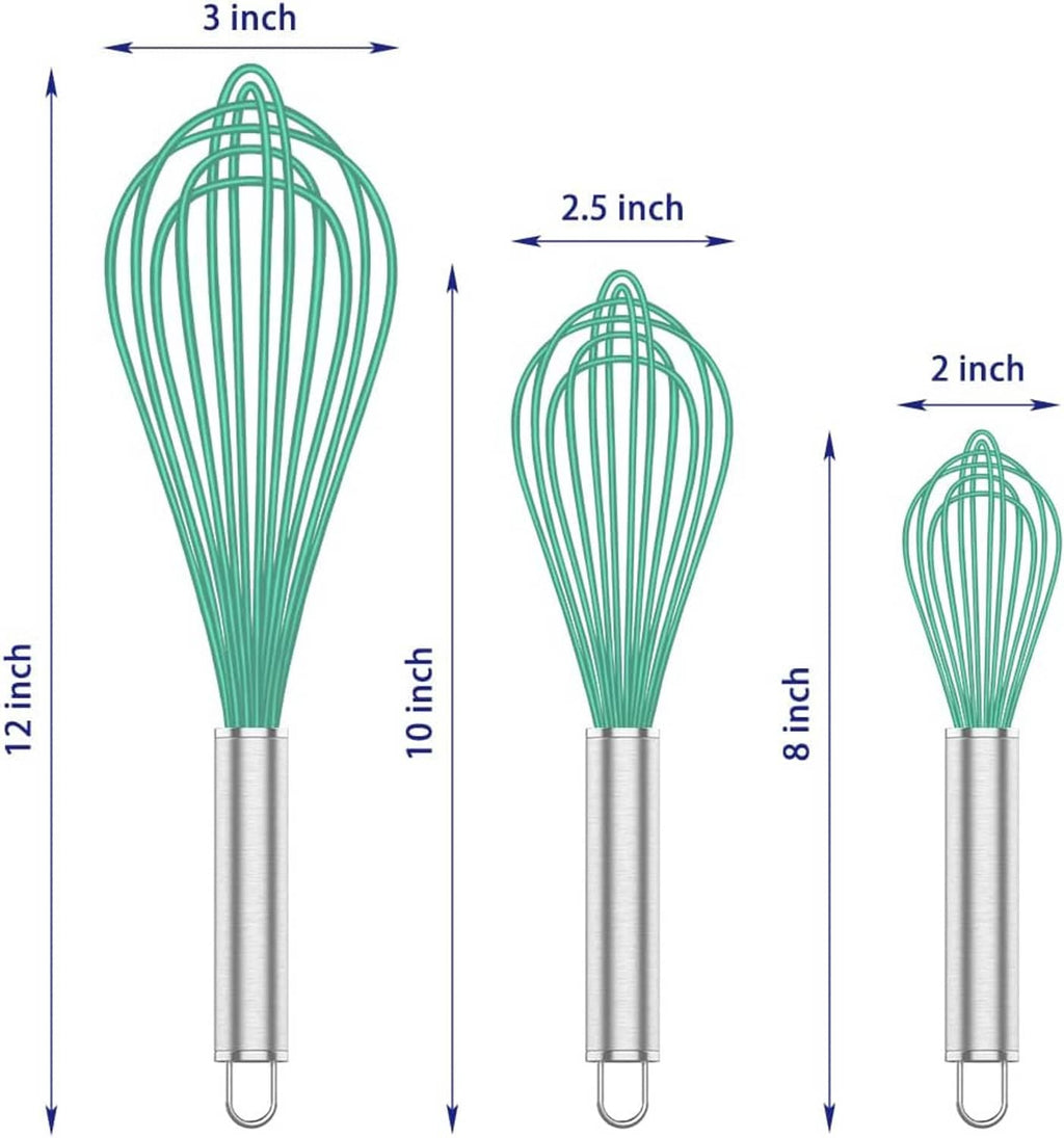 Three teal silicone whisks with stainless handles of different sizes