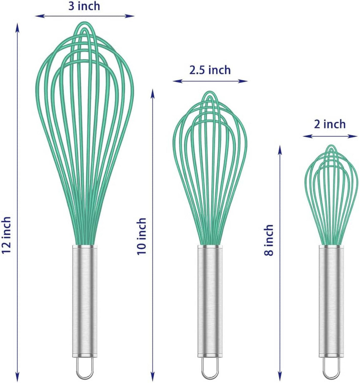 Three teal silicone whisks with stainless handles of different sizes