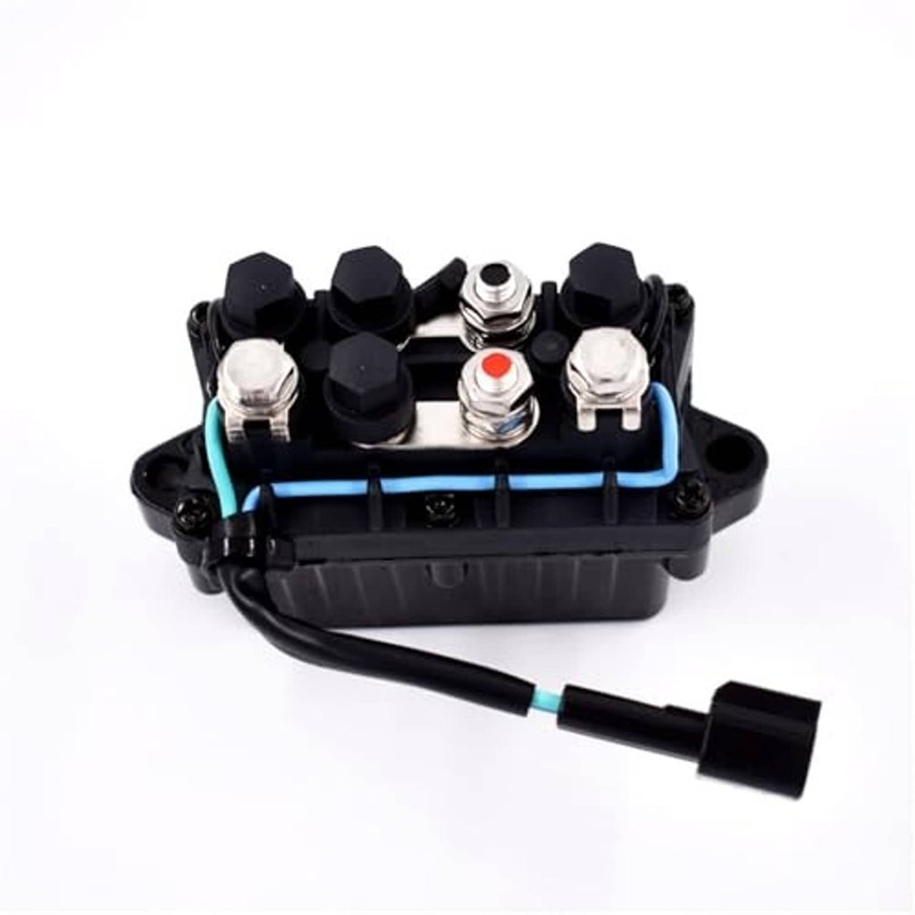 Tilt-trim relay in black plastic base with blue-striped wires and metal terminal bolts