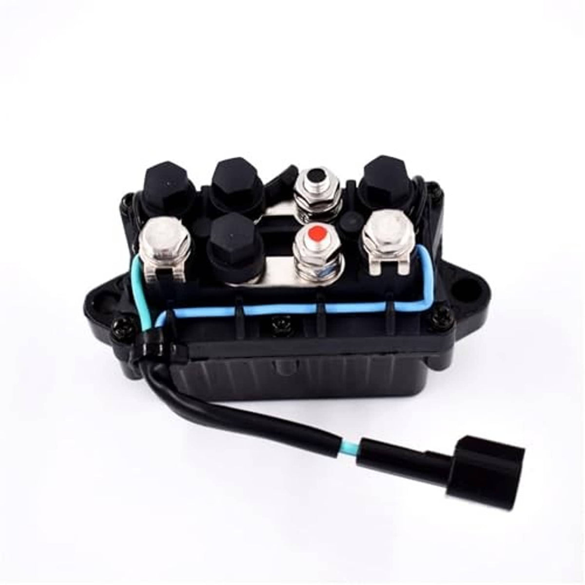 Tilt-trim relay in black plastic base with blue-striped wires and metal terminal bolts