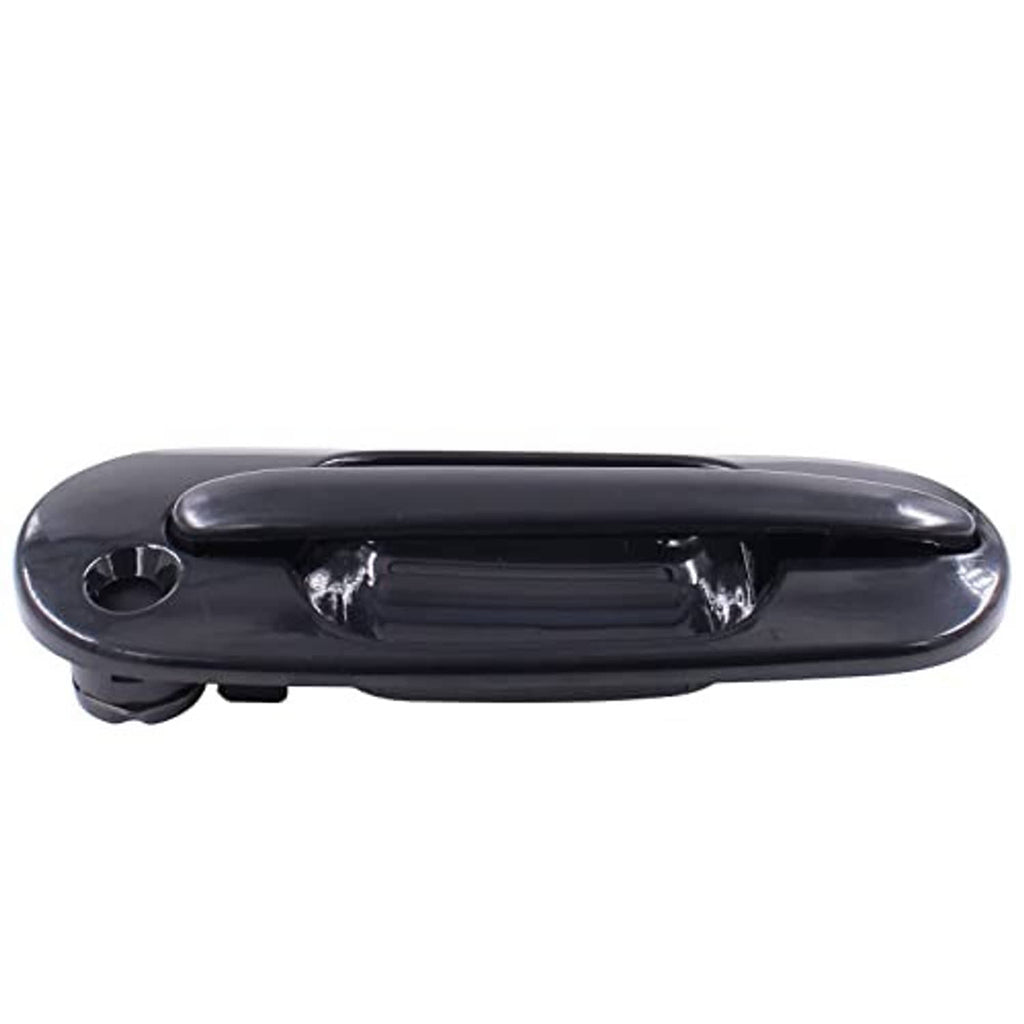 Glossy exterior door handle with circular latch opening on dark gray housing