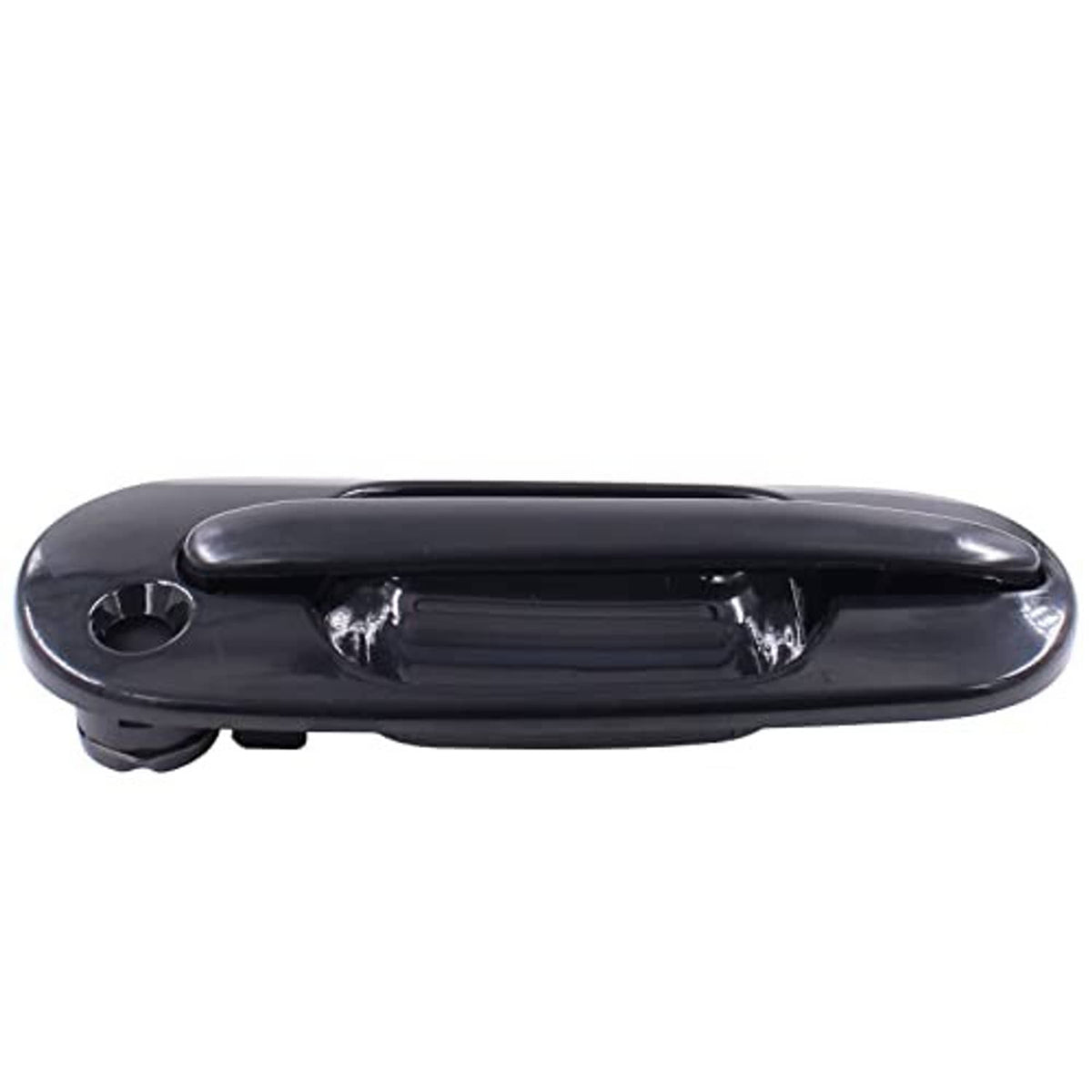 Glossy exterior door handle with circular latch opening on dark gray housing