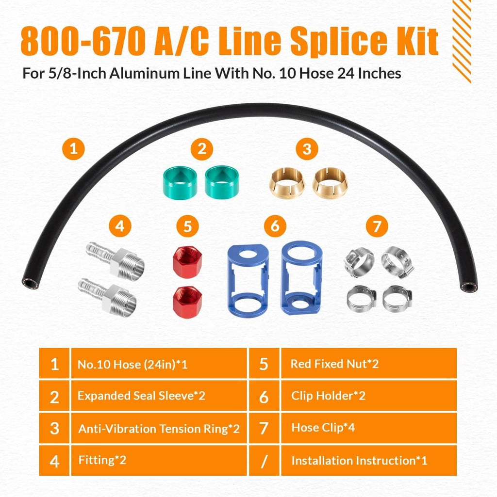 A/C line splice kit parts with black hose, green sleeves, blue clamps, and red nuts