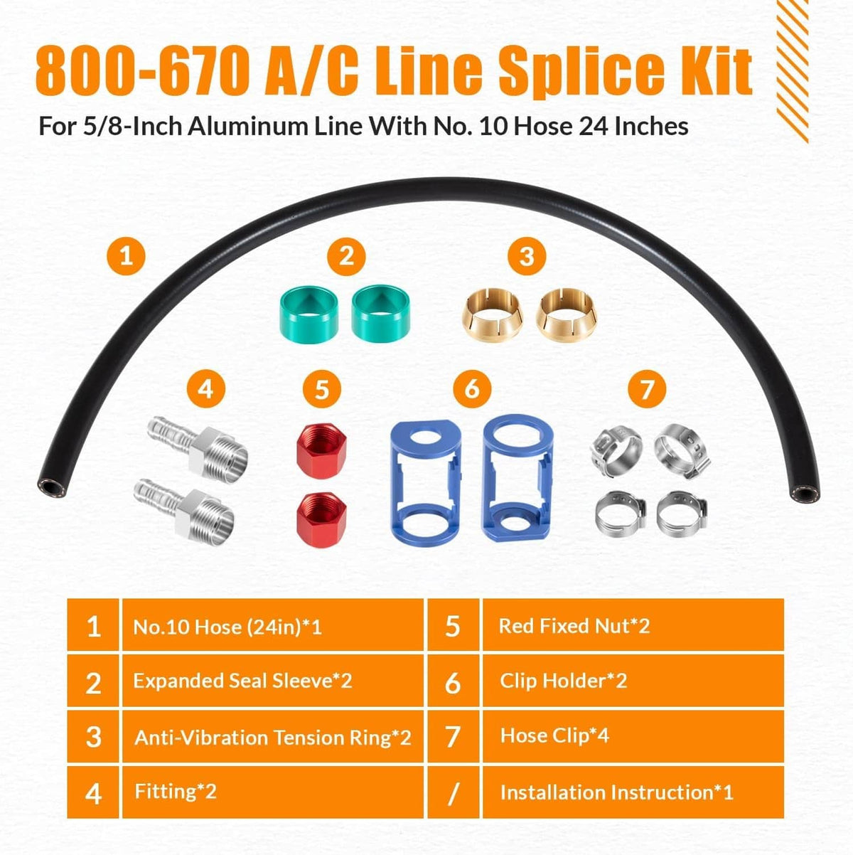 A/C line splice kit parts with black hose, green sleeves, blue clamps, and red nuts