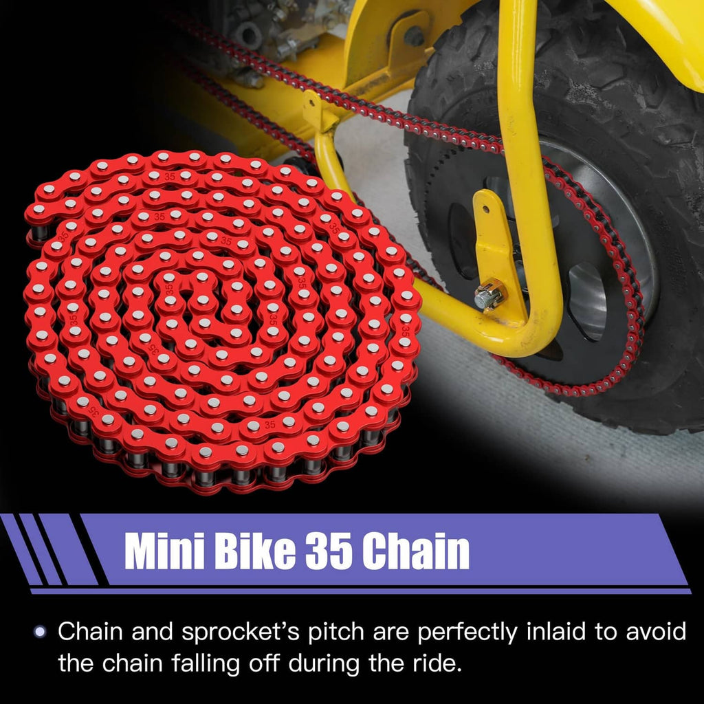 Red roller chain looped on a mini bike wheel area, with visible tire tread nearby.