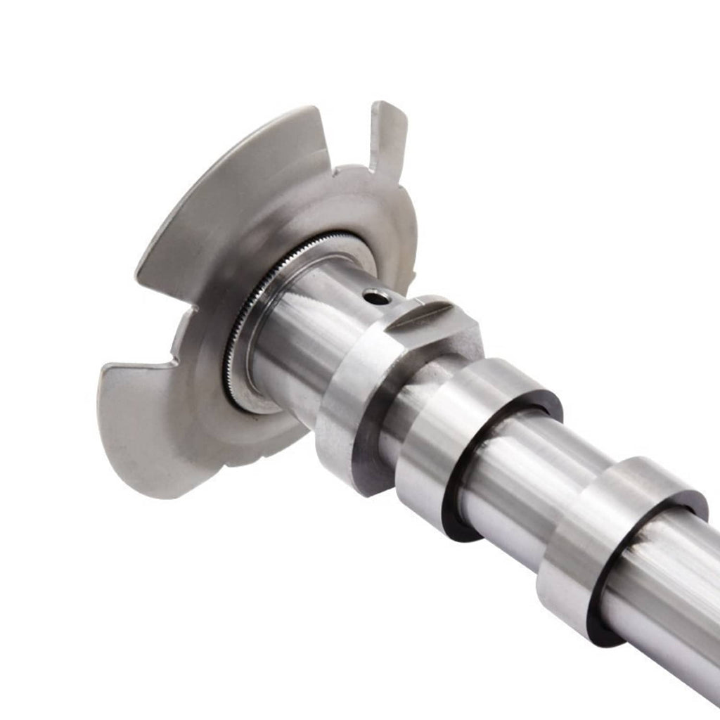 Intake camshaft flange with machined hub and metal shaft end