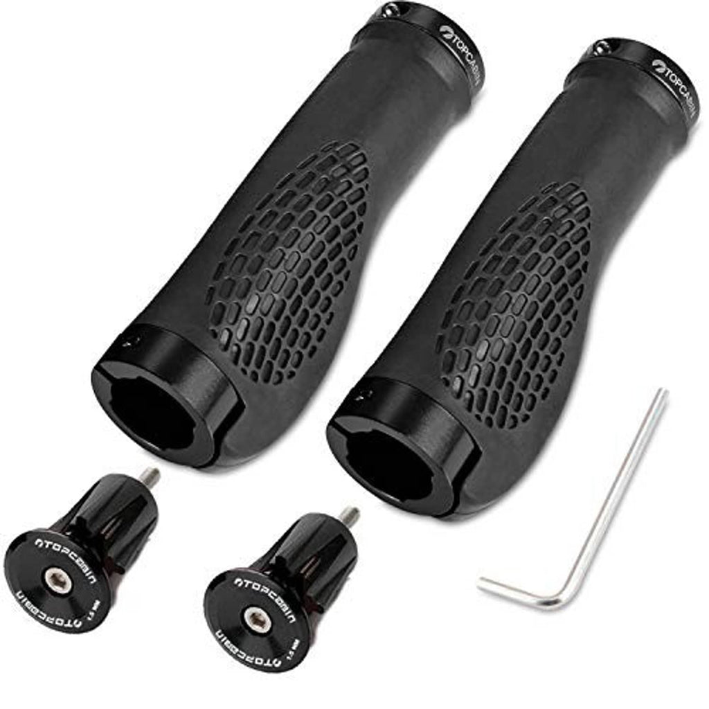 Black ergonomic bike handlebar grips with textured grip pattern and included hex wrench