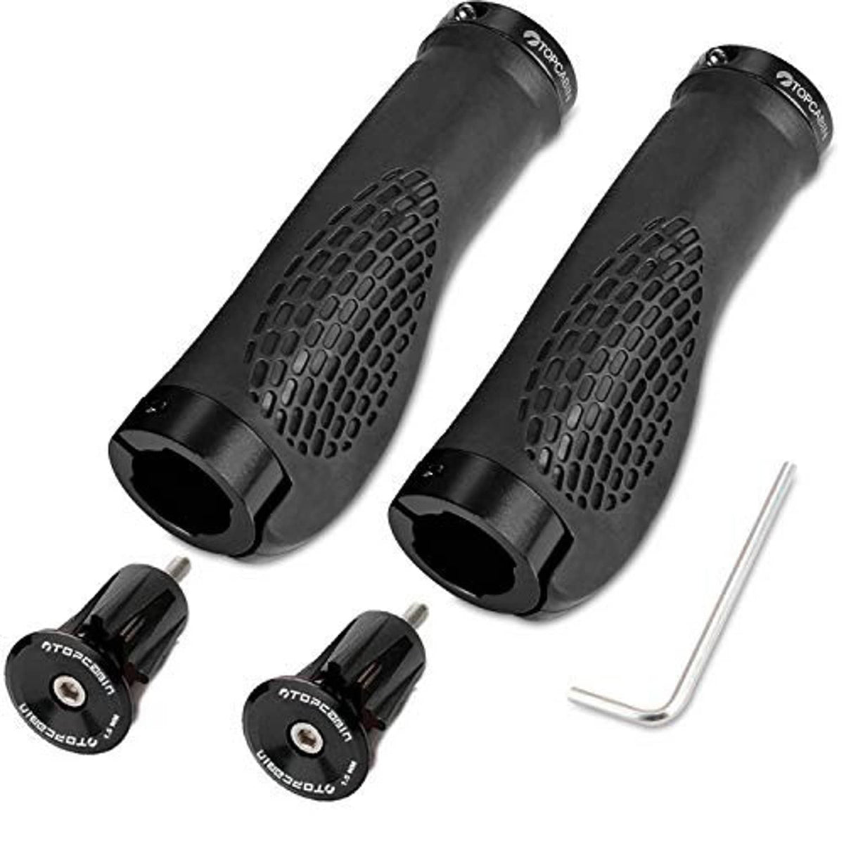 Black ergonomic bike handlebar grips with textured grip pattern and included hex wrench