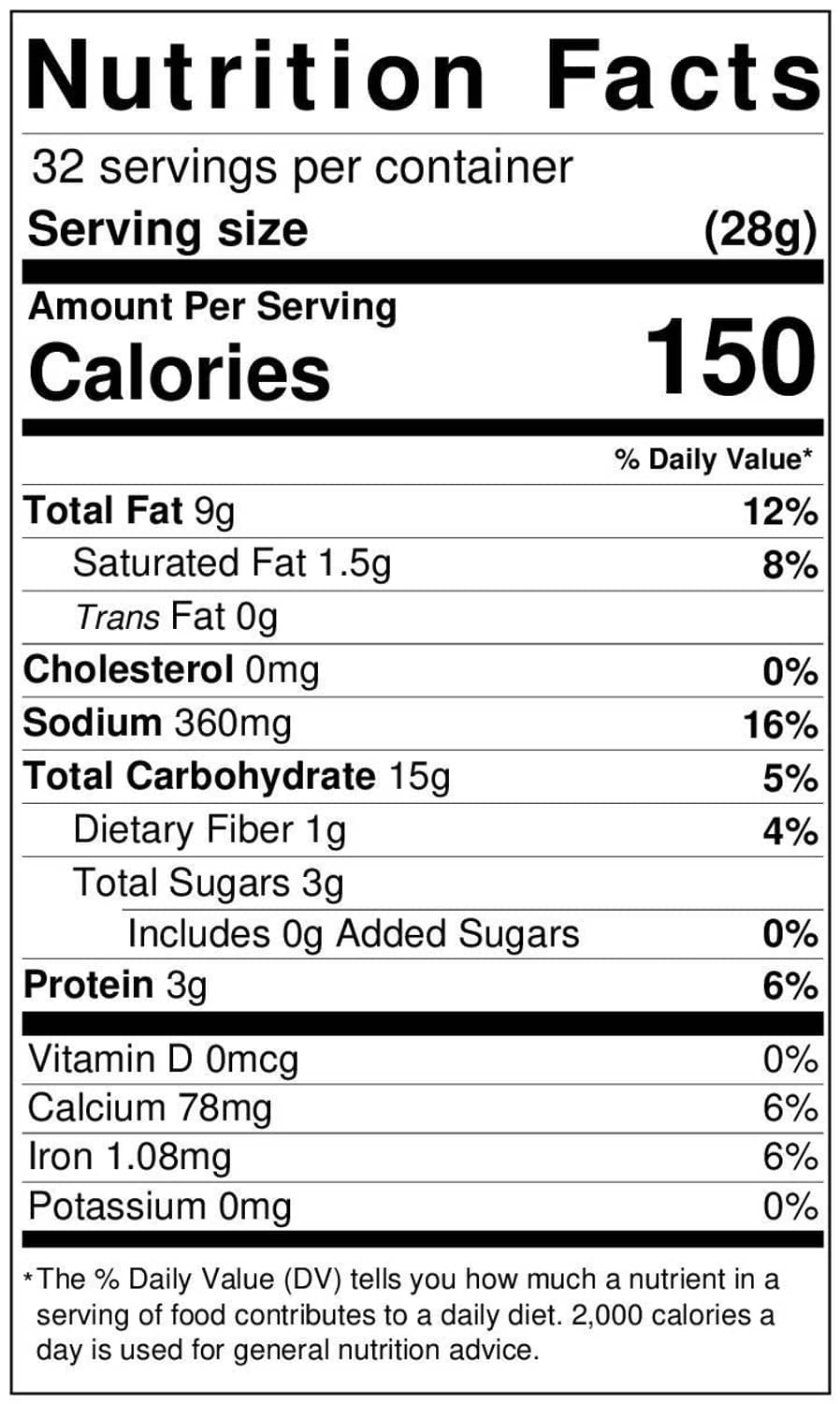 Nutrition Facts panel showing calories, fats, sodium, and sugars