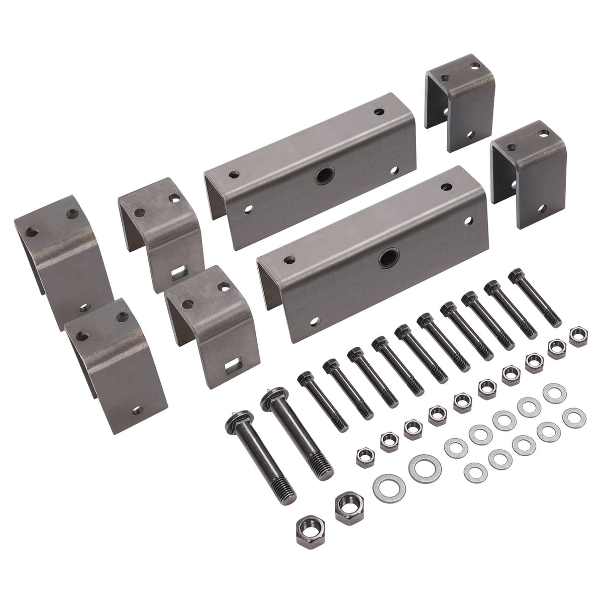 Metal trailer spring hanger kit with equalizer bolts, brackets, nuts and washers