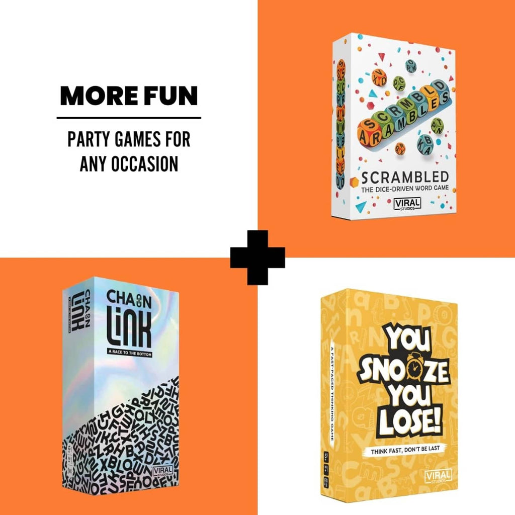 Party games assortment display with multiple boxed games on an orange backdrop