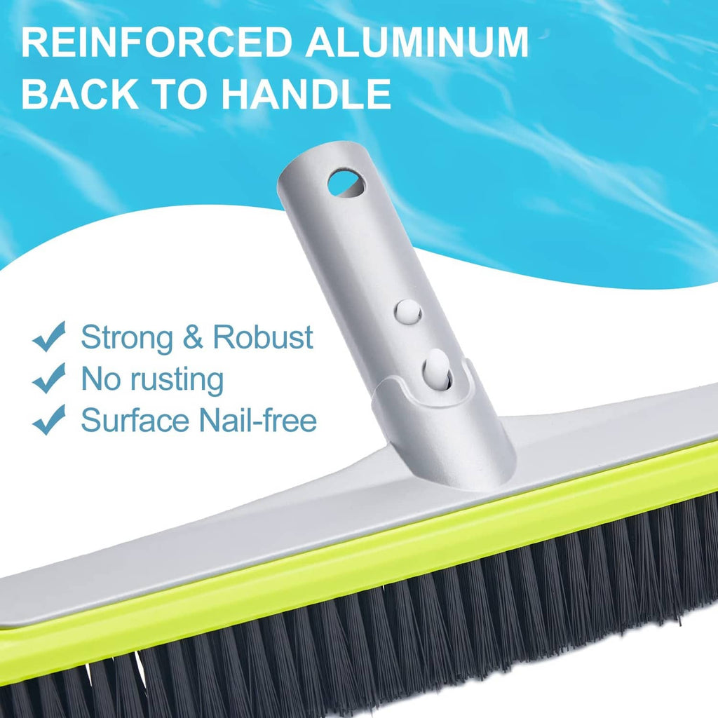 Reinforced aluminum back pool brush with black bristles and lime green grip handle